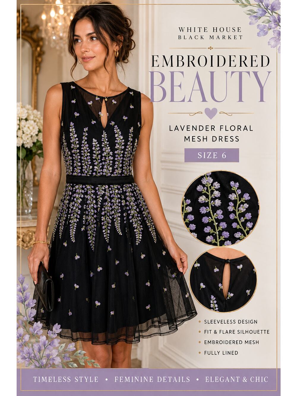 White House Black Market Black Embroidered Floral Mesh Dress Size 6